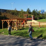 In a park and rollerblading