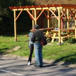 In a park and rollerblading