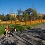 In a park and rollerblading