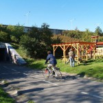 In a park and rollerblading