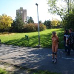 In a park and rollerblading