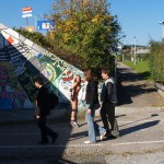 In a park and rollerblading