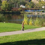 In a park and rollerblading
