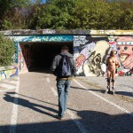In a park and rollerblading