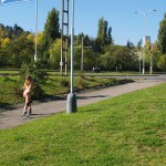 In a park and rollerblading