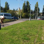 In a park and rollerblading