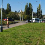 In a park and rollerblading