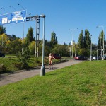 In a park and rollerblading