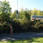 In a park and rollerblading