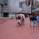 In a bicycle riksha in the city center