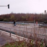 At a traffic light and zebra crossing