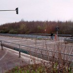 At a traffic light and zebra crossing