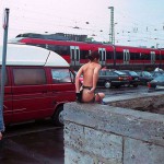 At the wall of a downtown bridge