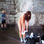 At the wall of a downtown bridge