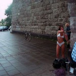 At the wall of a downtown bridge