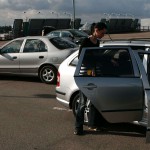 On a parking lot and in the center