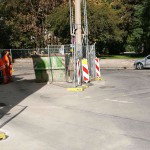 On a parking lot and in the center