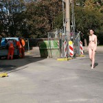 On a parking lot and in the center