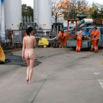 On a parking lot and in the center