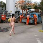 On a parking lot and in the center