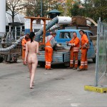 On a parking lot and in the center