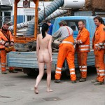 On a parking lot and in the center