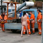 On a parking lot and in the center