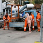 On a parking lot and in the center