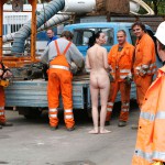 On a parking lot and in the center