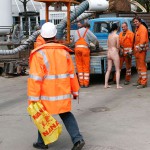 On a parking lot and in the center