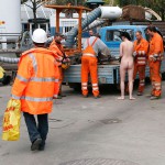 On a parking lot and in the center