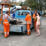 On a parking lot and in the center