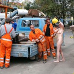 On a parking lot and in the center