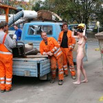 On a parking lot and in the center