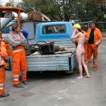 On a parking lot and in the center