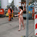 On a parking lot and in the center