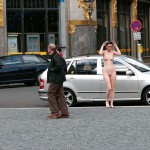 On a parking lot and in the center