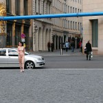 On a parking lot and in the center