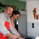 On a parking at a hot dog stand