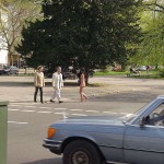 At a crossing in front of a palace