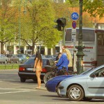 At a crossing in front of a palace
