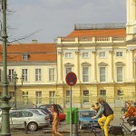 At a crossing in front of a palace