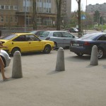 In a residential area and at a bus station