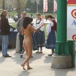 In a residential area and at a bus station