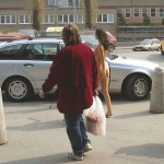 In a residential area and at a bus station