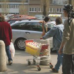 In a residential area and at a bus station