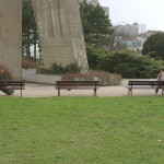 In a residential area and at a bus station