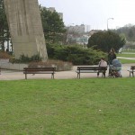 In a residential area and at a bus station