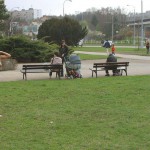 In a residential area and at a bus station