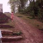 On a pedestrian bridge and in a park